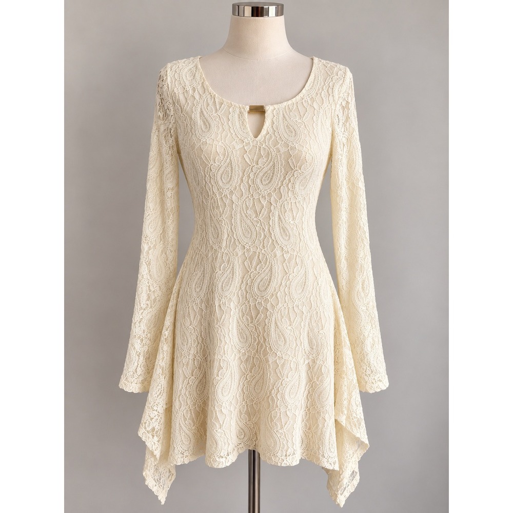 Linea Domani Ivory Lace Tunic Mini Dress Size M Long Sleeve Asymmetrical Hem 30"